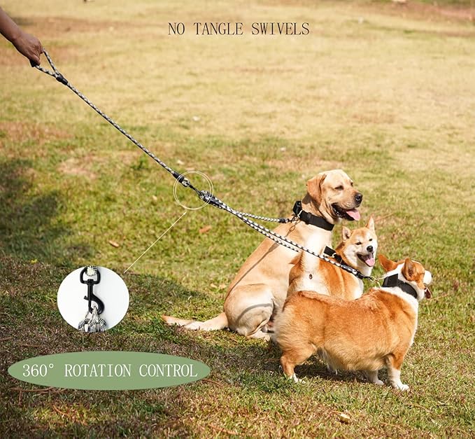3 Dog Leash - Padded Handle, 360° Swivel Multiple Dog Leash No Tangle, Lead for Medium Large Dogs, Walking & Training Double Dogs (Black White)