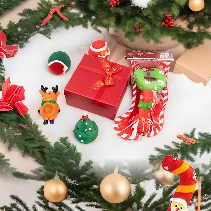 Christmas Dog Chew Toys Set Dog Gift Toy with Christmas Stocking or Xmas Gift Box Dog Toys for Aggressive Chewers (Christmas Sock Type 1)