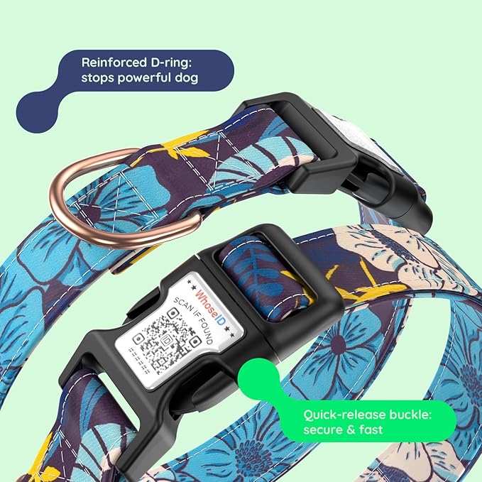WhoseID Airtag Dog Collar,with Waterproof airtag Holder，Original Stylish Cute Pattern Design.QR Code ID Buckle，Comfortable Soft Cotton for Small Medium Large Dogs