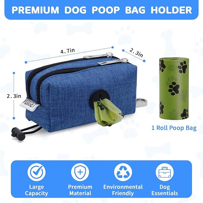 Dog Poop Bag Holder for Leashes, Puppy Treat Pounch Carrier with 2 Zipper Pockets and Clip for Pets Training, Dog Waste Bag Dispenser with 1 Roll Poop Bags for Walking Accessories (Blue)