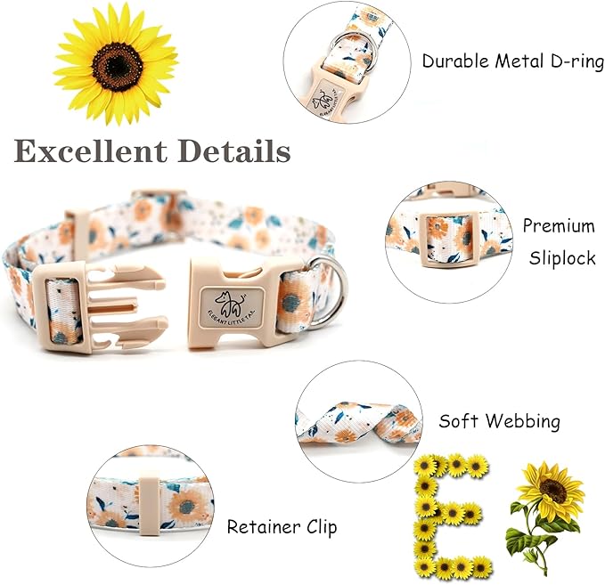 Elegant little tail Dog Collar with Leash, Sunflower Print Pet Collar Leash Adjustable Collar for Small Medium Large Dogs Soft Puppy Collars with Quick Release Buckle Girl Boy Dog Collars