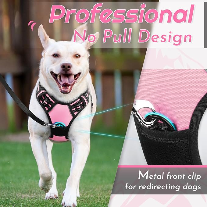 Eagloo Dog Harness for Large Dogs, No Pull Service Vest with Reflective Strips and Control Handle, Adjustable and Comfortable for Walking, No Choke Pet Harness with 2 Metal Rings, Pink, XL