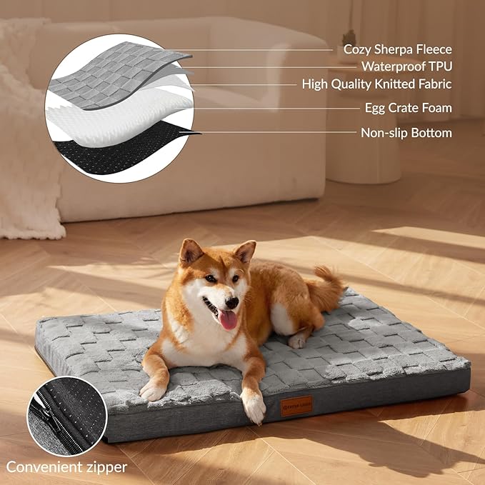 Patas Lague Orthopedic XL Dog Bed Large Sized Dog 42''X28'', Waterproof Soft Comfortable Egg Crate Foam Large Pet Beds Crate Mat with Removable Washable Cover and Nonskid Bottom, Grey