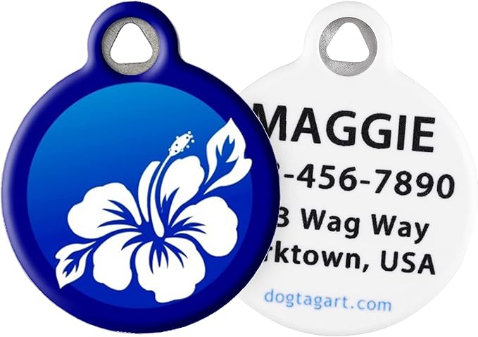 Dog Tag Art Blue Hibiscus Personalized Pet ID Tag for Dogs and Cats, Silent Polymer Coated Stainless Steel Nametag with Customized Identification Information, Large 1.25" Diameter