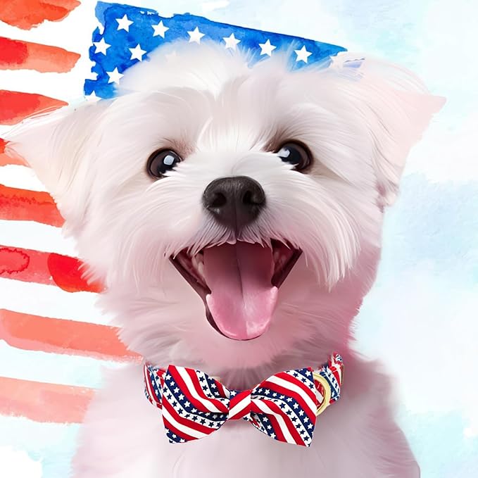 Tunkoo American Flag Dog Collar with Cute Bow Tie 4th of July Cotton Collar Adjustable Durable for Outside Small Medium Large Boys Girls Dogs, S