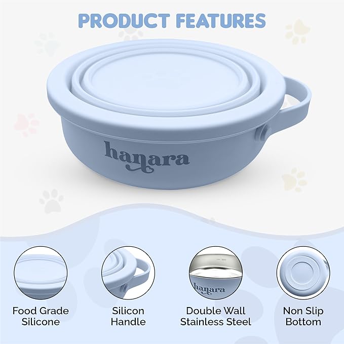 HANARA 2-in-1 Insulated Dog Bowl with Collapsible Lid & Handle – Stainless Steel, Non-Slip Rubber Base – Portable Pet Water & Food Bowl for Dogs & Cats – 30 OZ + 20 OZ – Indoor & Outdoor (Blue)