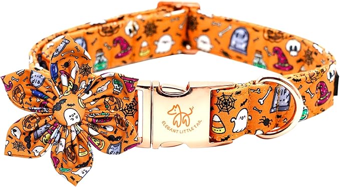 Elegant Little Tail Halloween Collar, Orange Pumpkin Dog Collar with Flower Girl Boy Pet Collar, Soft Durable for X-Large Dogs