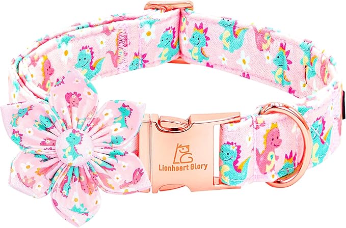 Lionheart glory Dog Collar with Flower Dinosaurs Print Collars for Large Dogs, Spring Summer Cute Duty Adjustable Dog Flowers Collar Puppy Collars Bows Pet Gift