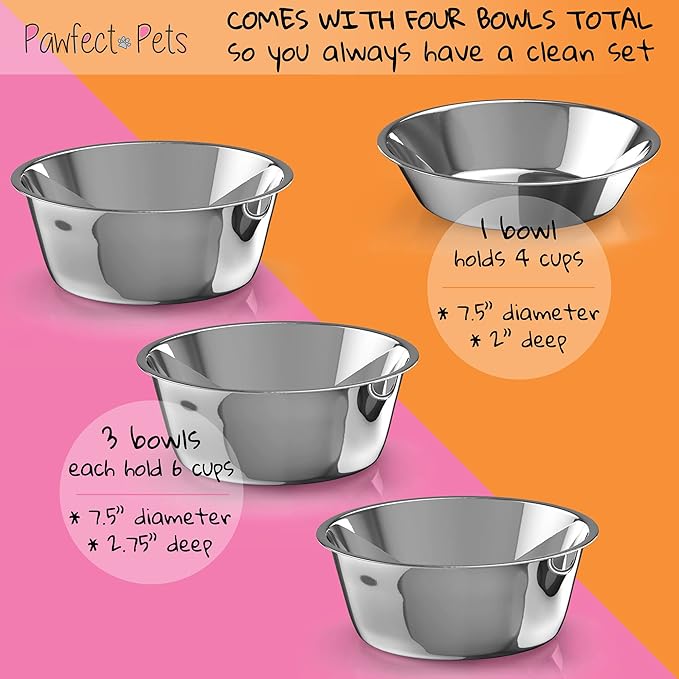 Pawfect Pets Elevated Dog Bowl Stand- 7" Raised Dog Bowl for Medium Dogs. Pet Feeder with Four Stainless Steel Bowls (Acacia)