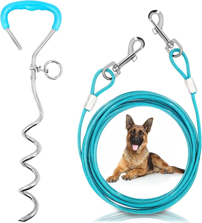 Supet Dog Tie Out Cable and Stake, Heavy Duty Runner with 32/16/10 FT Lead, Long Leash/Tether for Camping Backyard Outdoor Ground, Chain for Medium Large Dogs up to 125lbs (10FT)