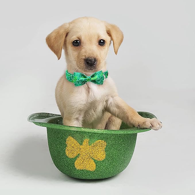 Unique style paws St. Patrick's Day Dog Collar with Bow Green Clover Puppy Collar for Small Medium Large Boys Girls Dogs-S