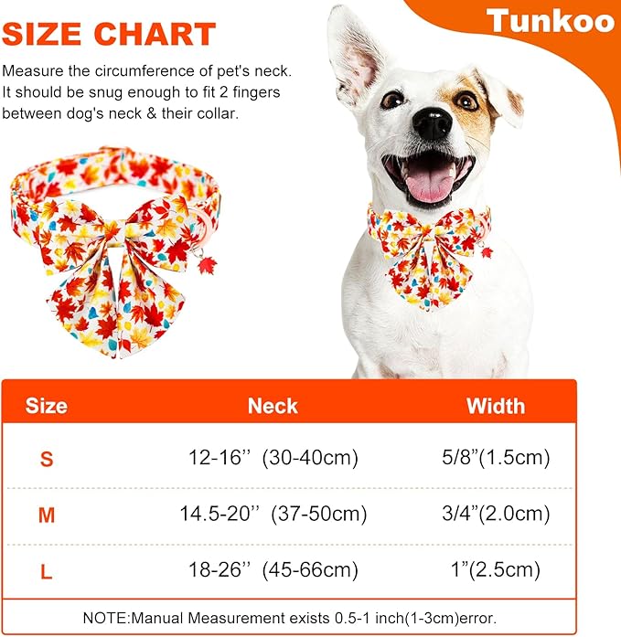 Tunkoo Fall Dog Collar with Elegant Bow Tie - Durable Adjustable Colorful and Stylish Cotton Pet Collar, Available in Small Medium Large, L