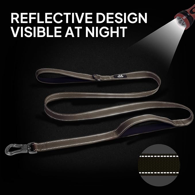 TwoEar 4FT 1IN Strong Brown Dog Leash with 2 Padded Handles, Traffic Handle Extra Control, Comfortable Soft Dual Handle, Auto Lock Hook, Reflective Walking Lead for Small Medium and Large Dogs