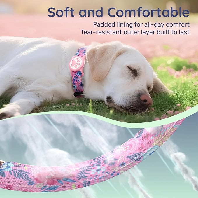 WhoseID Airtag Dog Collar,with Waterproof airtag Holder，Original Stylish Cute Pattern Design.QR Code ID Buckle，Comfortable Soft Cotton for Small Medium Large Dogs
