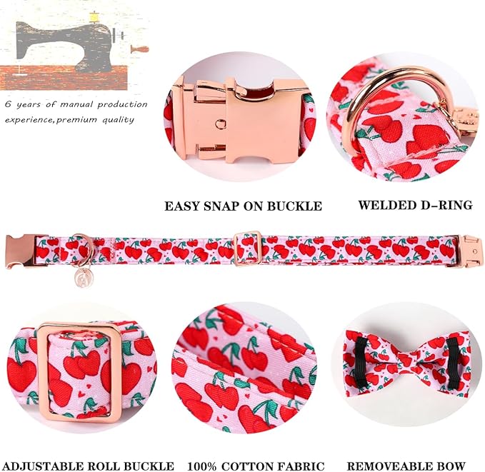 DOGWONG Valentine Dog Collar with Bow, Pink Cherry Heart Dog Collar Durable Soft Cotton Pet Dog Collar Cute Heart Valentines Day Puppy Necklace for Small Medium Large Dog
