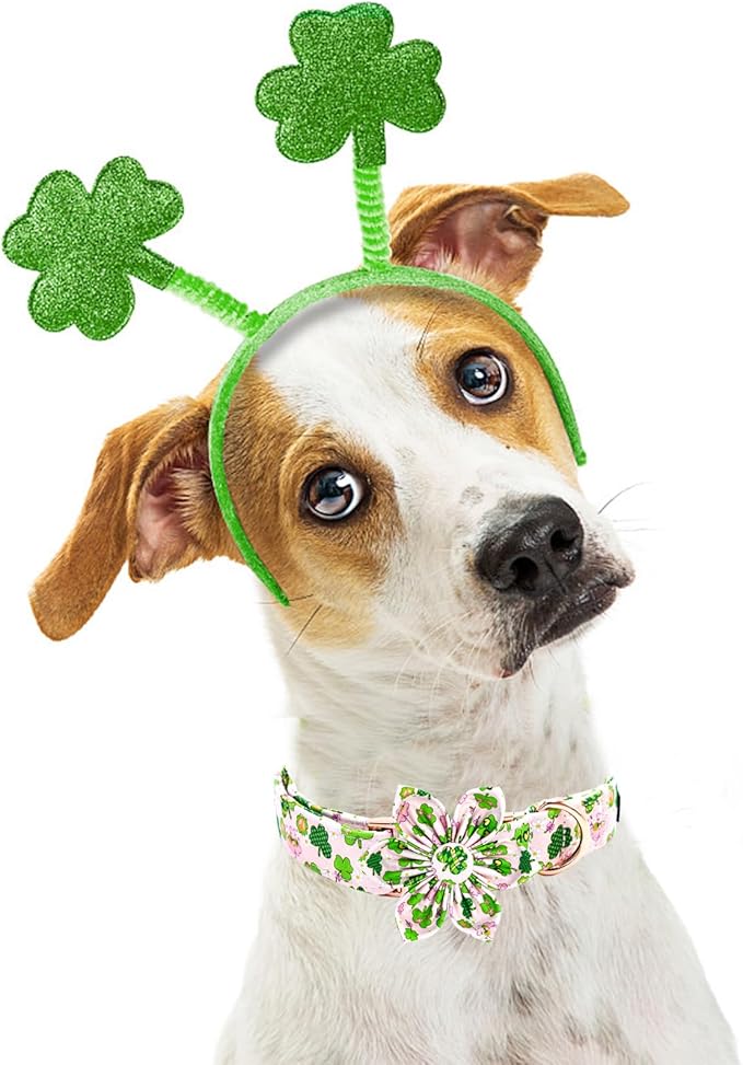 Elegant little tail St Patrick's Dog Collar with Flower Pink Cute Colver Cotton Shamrock Pet Collar Trefoil Puppy Collar Flower Holiday Adjustable Cotton Pet Collar for Small Medium Large Dogs