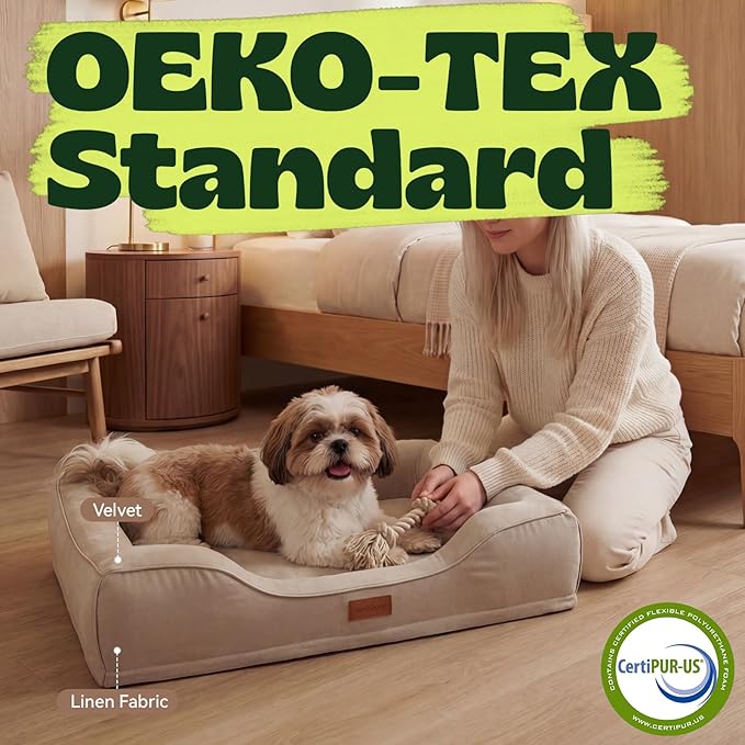 28 Inch Orthopedic Dog Couch Bed for Medium Dogs Up to 30 lbs,Cooling Gel Memory Foam + Egg Crate Foam,Waterproof Removable Washable Cover,4-Sided Bolster,Non-Slip Bottom,Beige