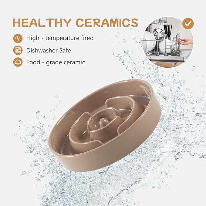 Ceramic 0.9 Cup Raised Slow Feeder Dog Bowl Set, Elevated 6.1inch Water Bowl and 6.1inch Slow Dish with Wooden Stand for Small Dogs(2 x Brown Coffee+ Stand)