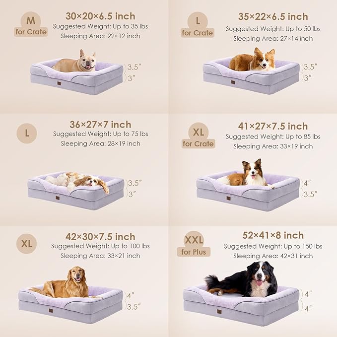 EHEYCIGA Orthopedic XXL Dog Bed for Large Sized Dog, 52x41x8 Inch Extra Large Memory Foam Dog Couch Bed with Sides, Waterproof Liner & Washable Removable Cover, Bolster Pet Sofa, Purple