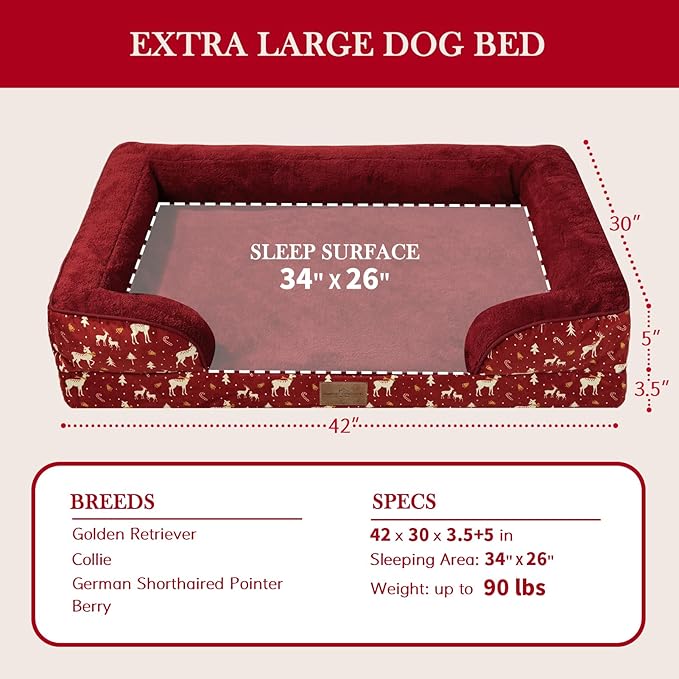 Comfort Expression Orthopedic Dog Bed for Extra Large Dogs 42x30 Inch, Waterproof Egg Crate Foam XL Pet Bed, Gifts for Christmas, Dog Couch with Washable Cover & Non-Slip Bottom, Christmas Red