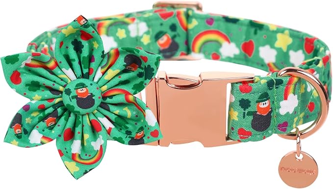 DOGWONG Green Lucky Clover Shamrock Dog Collar with Flower, Soft Adjustable St. Patrick's Day Lucky Charm Puppy Collar for Small Medium Large Dog