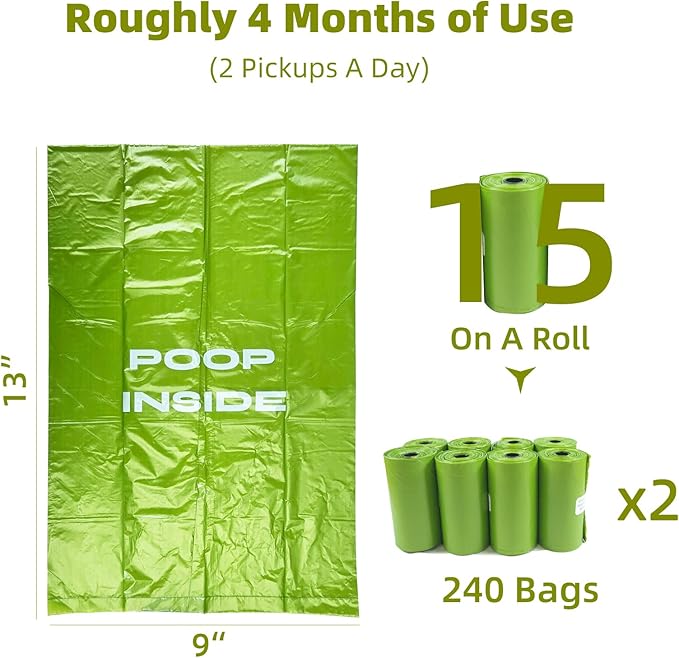 Poop Bags for Dogs 240 Count, 13" x 9" Dog Poop Bags Rolls, Trash Bags, Leakproof Extra Thick Dog Waste Bags for Doggie Cat Pet (Compatible with Our Pet Leashes)