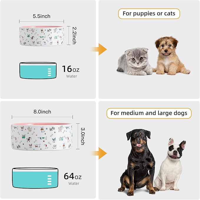 FE FUN ELEMENTS Ceramic Dog Bowls for Small Dogs, 16 Fl Oz Heavy Food and Water Bowl with Adorable Patterns (Small, Pink)