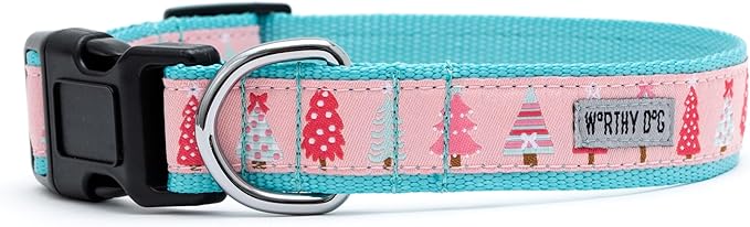 THE WORTHY DOG Adjustable Holiday Dog Collar for Small Dogs, Durable Nylon Webbing, Quick Release Buckle, Holiday Trees Christmas Pattern, Pink, X-Small