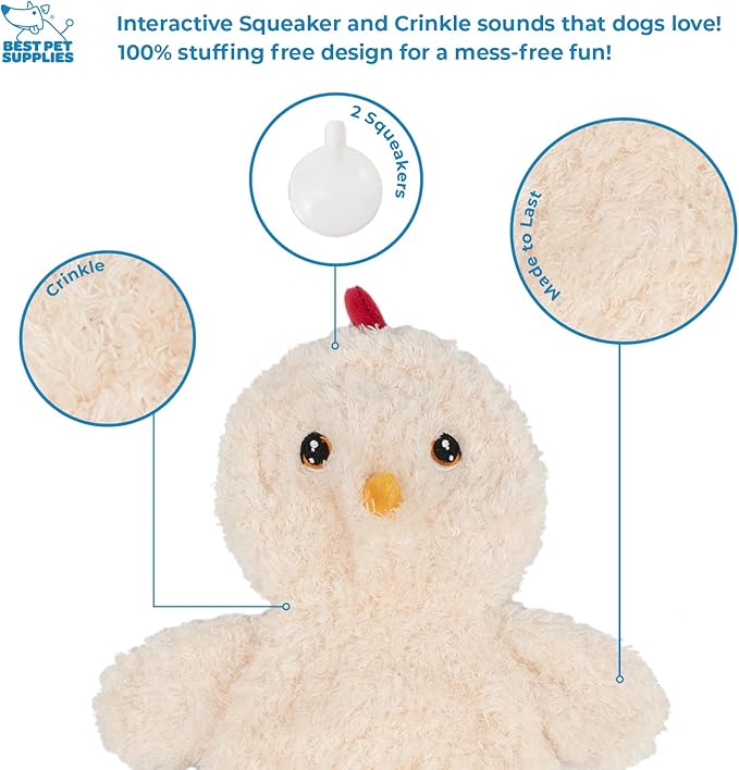 Best Pet Supplies Interactive Squeaky Dog Chew Toy, Ideal Dog Toys for Chewers, Small, Medium & Large Dogs, and Fetch Lovers - Crinkle Chicken (Cream), Large
