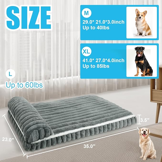 Comfort Dog Beds for Large Dogs,Dog Bed with Removable Washable Cover, Deluxe Plush Dogs Beds for Crate with Pillow, Anti-Slip Pet Mat Mattress for Kennel with Durable Zipper(Grey,L)