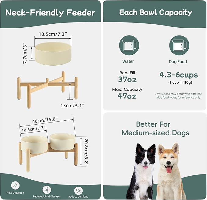 Ceramic 7.3inch Raised Double Bowls Set with Wooden Stand, Food & Water Bowls for Medium Breed Dogs, Weighted Dog Dishes, Pet Feeder(Beige)