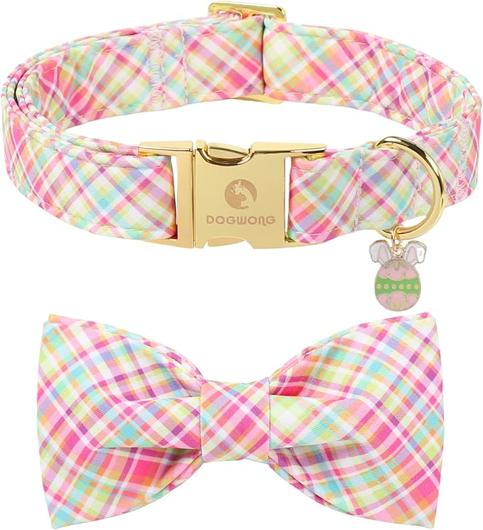 DOGWONG Easer Dog Collar with Bow,Colorful Plaid Dog Collar, Adjustable Durable Soft Easter Dog Collars for Male Female Dogs,XL