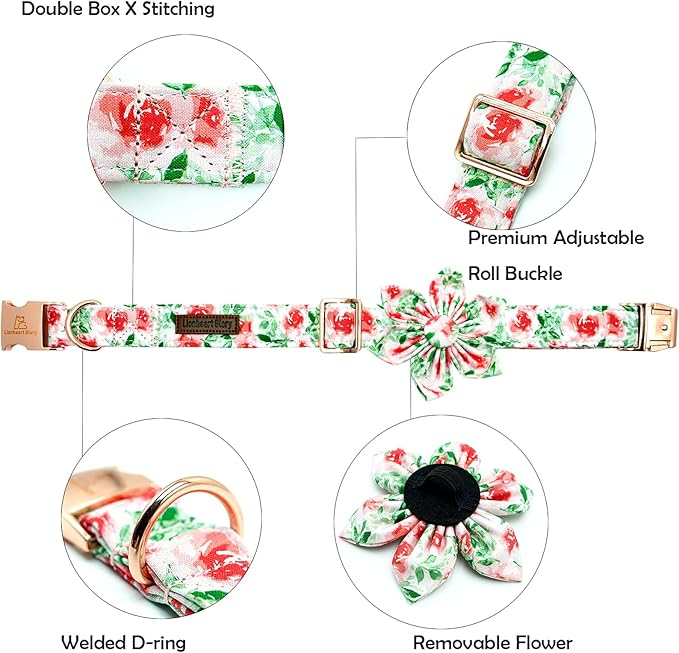 Lionheart glory Dog Collar Flowers Collar Floral Dog Collar with Flower Spring Summer Cute Collar Dog Boy or Girl Dog Collars Soft Durable Adjustable Dog Collars for Large Dogs, Red Roses