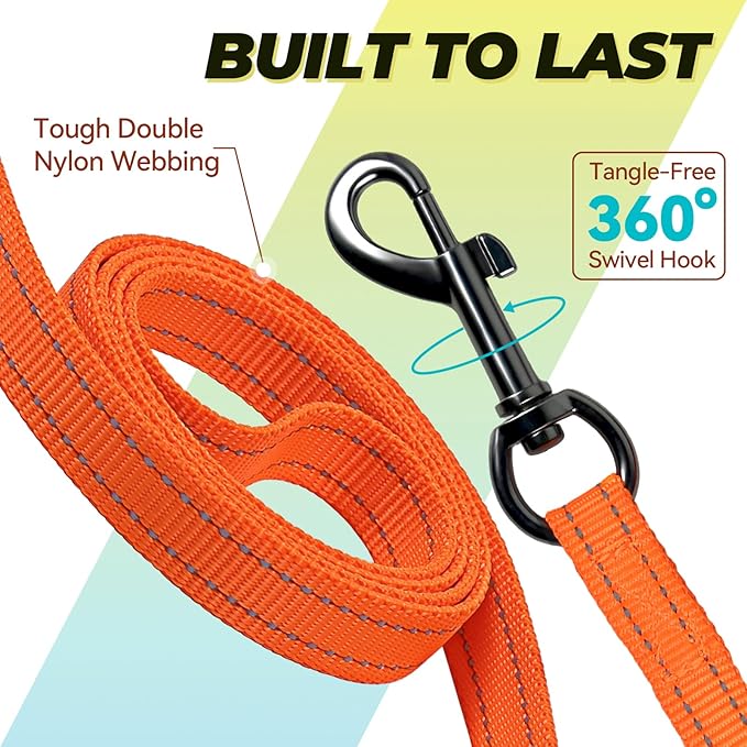 VIVAGLORY Twingrip Dog Leash, Double Handle Dog Leash for Training & Walking with Traffic Handle & 2 Loop, Traffic Control Reflective Heavy Duty for Puppy Pet, 4ft x 1/2in, Orange