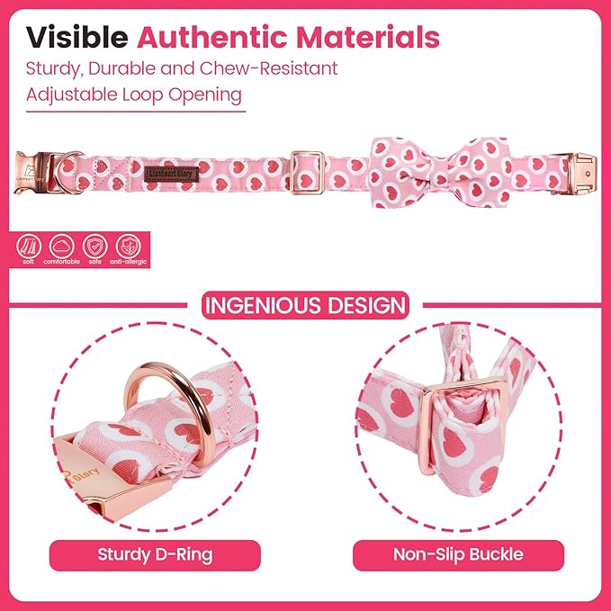 Lionheart glory Dog Bow Collar - Valentine's Day Dog Collar with Bowtie Hearts Print Collars Soft Adjustable for Large Dogs Girl Boy Dogs Spring Holiday Cute Collars