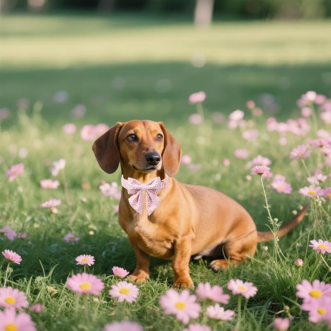 Lionet Paws Floral Dog Collar with Sailor Bow, Spring Cute Daisy Pink Dog Collar Bow Tie for X-Large Dogs, Neck 16-26 inches