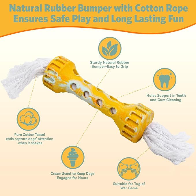 Durable Rubber with Pure Cotton Tassels for Medium and Large Breeds, Indoor Dog Chew Toy for Boredom Buster, Outdoor Fetch and Chase Toy for Excess Energy Relief, Cream Flavor, Yellow/White