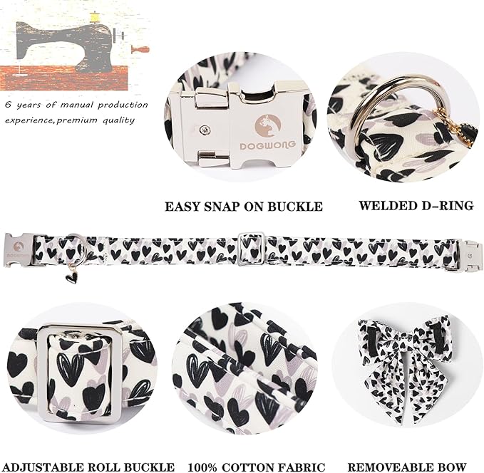 DOGWONG Valentine Dog Collar with Bow, Metal Buckle Adjustable Heart Bowtie Pet Valentine Collars for Small Dogs,L
