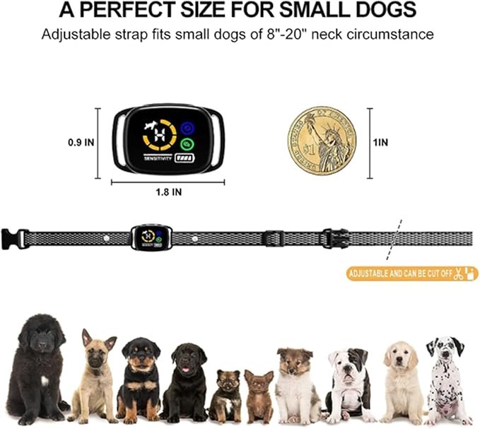 MINI No Shock Bark Collar for Small Dogs, Humane Vibrate & Beep Training, Smart AI Anti-False Triggering, IP67 Waterproof, Rechargeable, Adjustable Strap 8-20" Neck