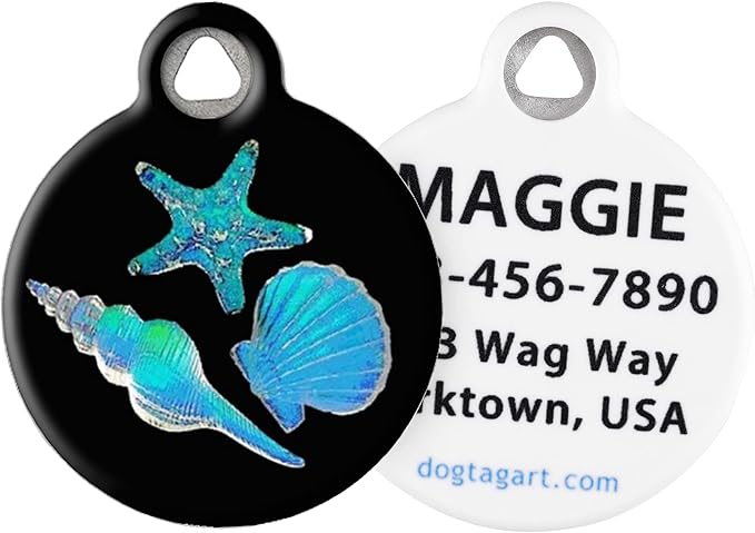 Dog Tag Art Seashell Personalized Pet ID Tag for Dogs and Cats, Silent Polymer Coated Stainless Steel Sea Shell Nametag with Customized Identification - Large 1.25" Diameter