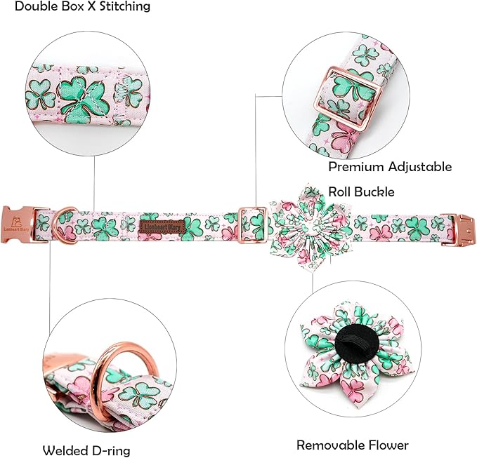 Lionheart glory St. Patrick's Day Dog Collar with Flower Dog Collars for Medium Dogs, Heavy Duty Green Collars Lucky Clover Shamrock Dogs Collar Flower Puppy