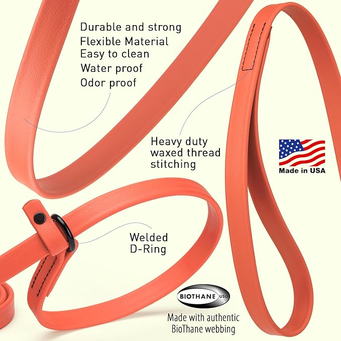 Dogline Biothane Slip Dog Leash - for Small, Medium and Large Dogs - Odor Free Slip Lead, Heavy Duty and Durable Material Kennel Lead - Coral - 5ft L x 5/8in W