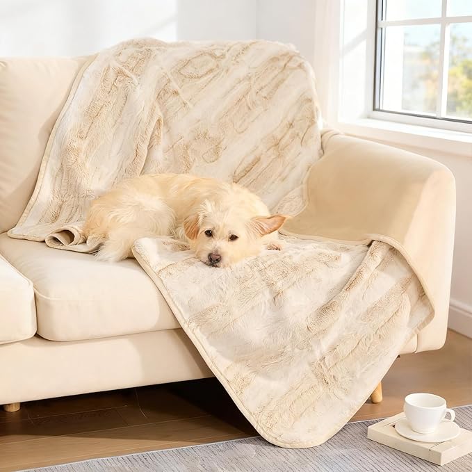 Extra Large Waterproof Pet Blanket, 60"x50", Velvet & Faux Snow Leopard Fur, All-Weather Throw for Sofa, Camping, Travel (Large)