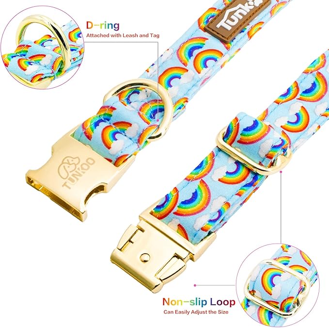 Tunkoo Pride Dog Collar with Rainbow Bow Tie for LGBTQ, Metal Buckle Pet Collar Adjustable Cotton Collar for Small Medium Large Boys Girls Dogs, L