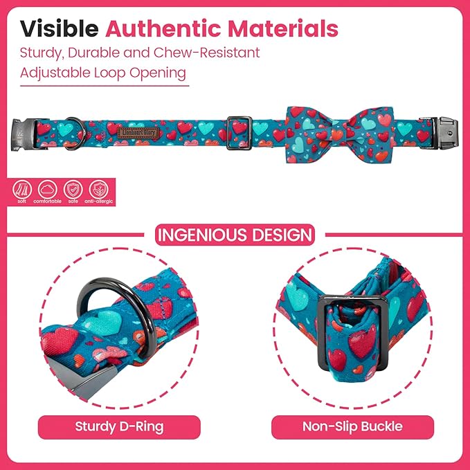 Lionheart glory Dog Bow Collar - Valentine's Day Dog Collar with Bowtie Soft Adjustable Blue Hearts Collars for Small Dogs Puppy Spring Holiday Cute Collars