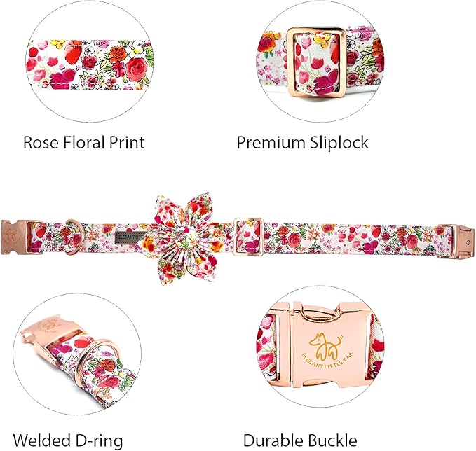 Elegant little tail Dog Collar with Flower, Pink Rose Print Pet Collar Flower Pet Collars Summer Cute Adjustable Dog Collars for X-Large Dogs