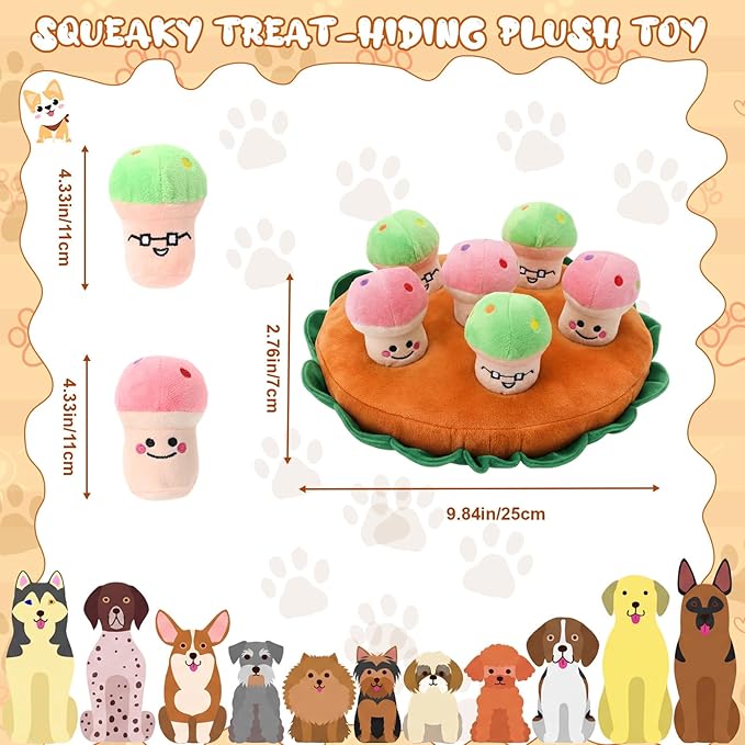 Skylety 7 Pcs Interactive Mushroom Dog Toy Set Snuffle Toy with Treat Hiding Puzzle and Squeaky Plush, Durable Vegetable Dog Toys for Small Medium Dogs, Training and Boredom Relief Plaything