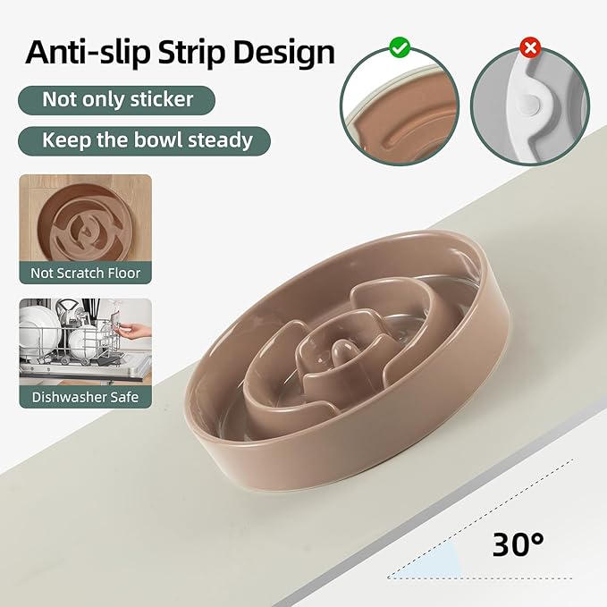 Ceramic 1.6 Cup Raised Slow Feeder Dog Bowl Set, Elevated Wooden Stand for Medium and Large Dog, 8.2inch Puzzle Slow Dish, Anti-Gulping(Brown Coffee, Single Bowl+ Stand)
