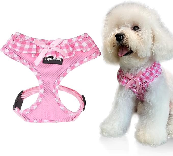 SuperBuddy Upgraded Soft Mesh Dog Harness, Super Breathable Lightweight Pet Harnesses for Puppy Outdoor Walking, Pink -XSmall