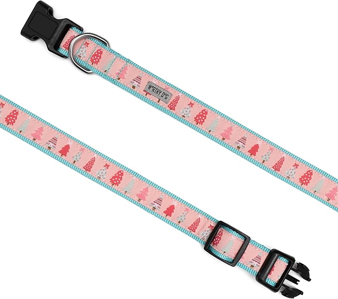 THE WORTHY DOG Adjustable Holiday Dog Collar for Medium Dogs, Durable Nylon Webbing, Quick Release Buckle, Holiday Trees Christmas Pattern, Pink, Medium